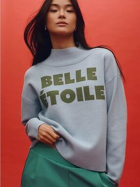 Maeve Light Blue Pullover with Olive Green Lettering